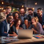 Diverse group laughing at funny Google Autocomplete search on laptop.