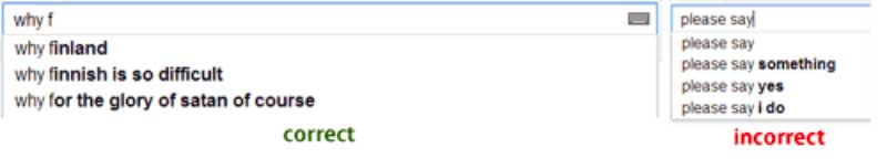 Screenshot of search engine autocomplete suggestions for 'why f' with 'why Finland' and 'why Finnish is so difficult'.