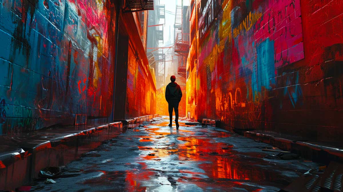 Silhouette of a person walking in a graffiti-covered alley, reflecting inner strength and resolve.