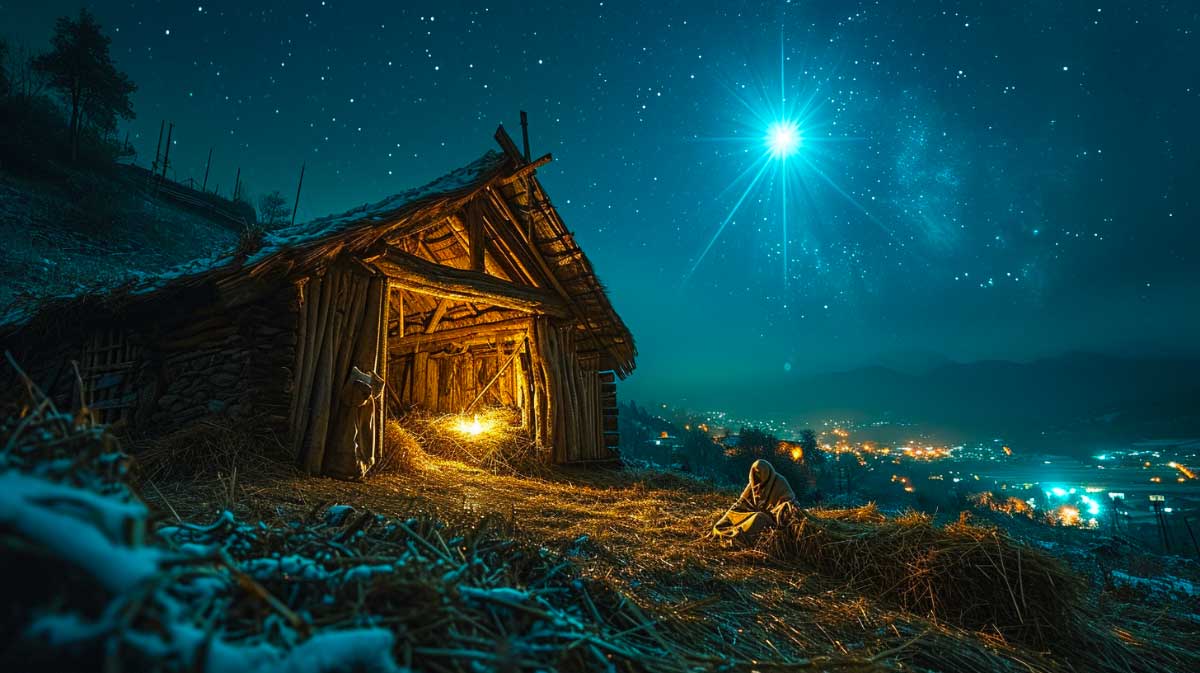 Radiant Star of Bethlehem above a rustic stable with a figure resting on hay, evoking calm.
