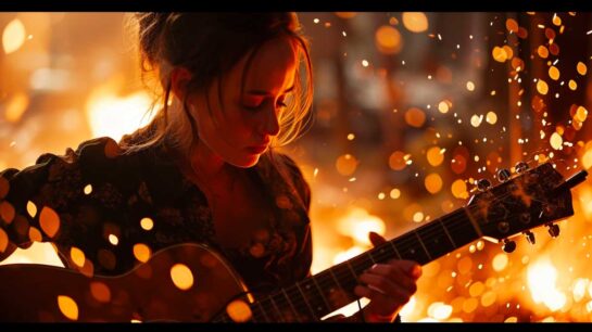 Country singer playing guitar with intense emotion amid vibrant fire-like bokeh" (91 characters).
