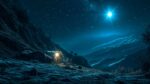 Star of Bethlehem shining brightly over a stable on a frosty night, with wise men approaching, symbolizing guidance.