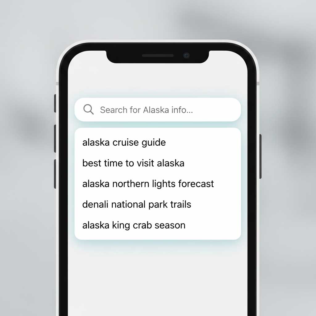 Autocomplete for is alaska, mobile US, timestamp noted.