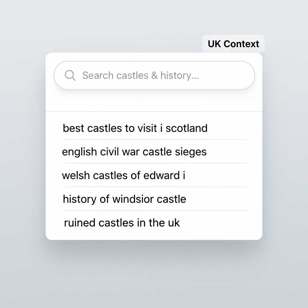 Autocomplete for were castles, desktop UK, SafeSearch toggle test.