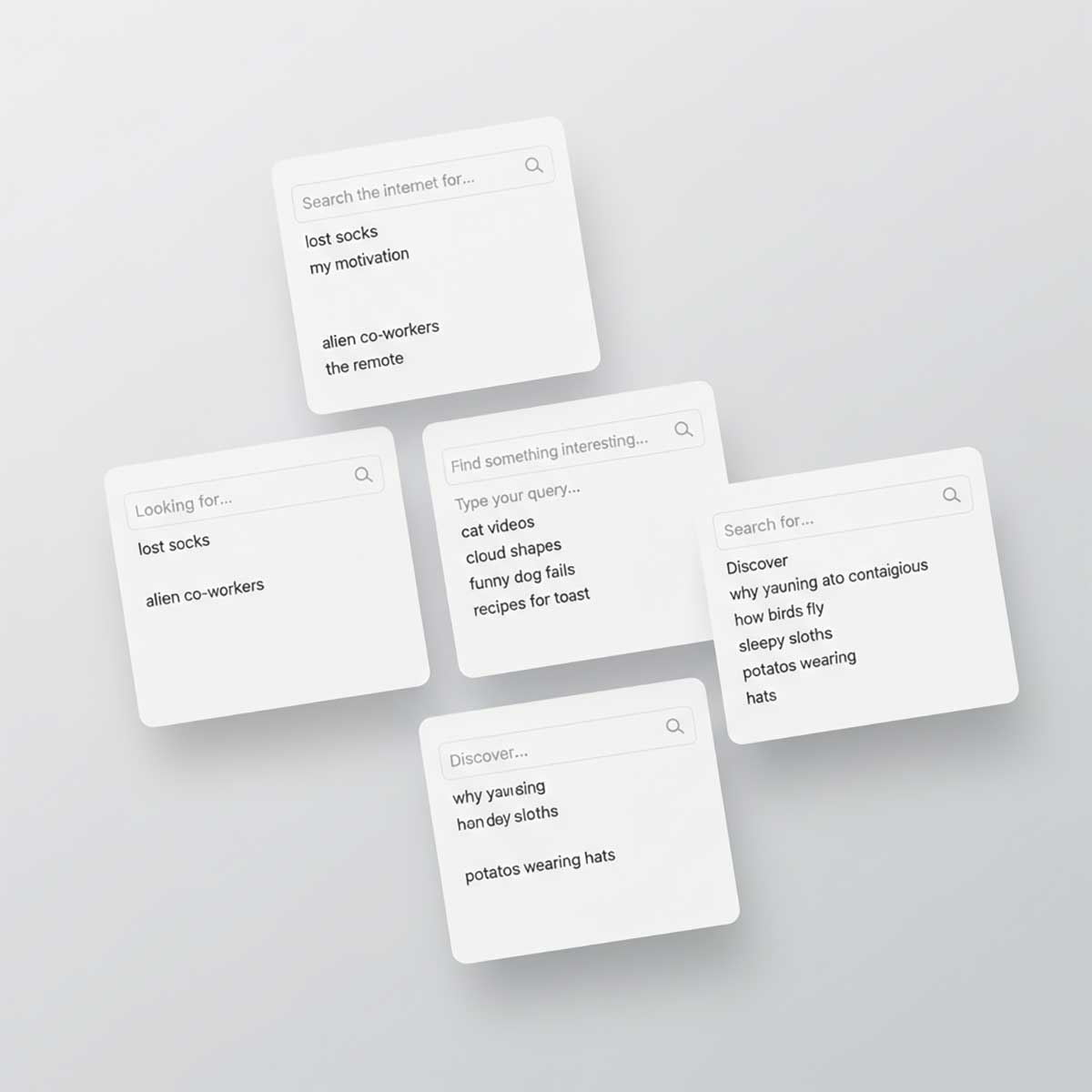 Collage of Google autocomplete boxes with unexpected suggestions from US region on desktop and mobile, SafeSearch mixed, 2025 captures.